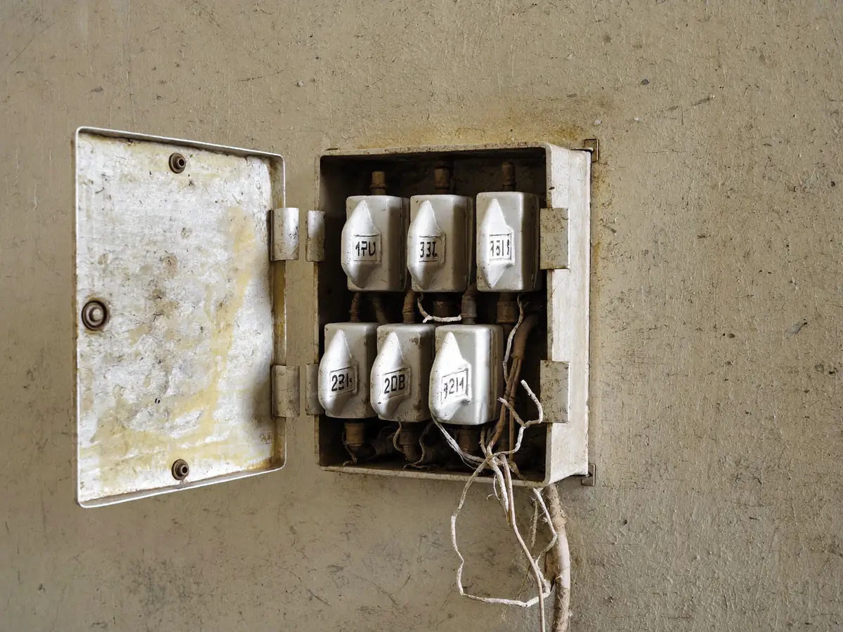 Old open fuse box with ceramic fuses and loose wiring