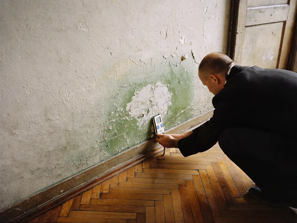 Inspector crouching to take a moisture reading at the foot of a damp wall