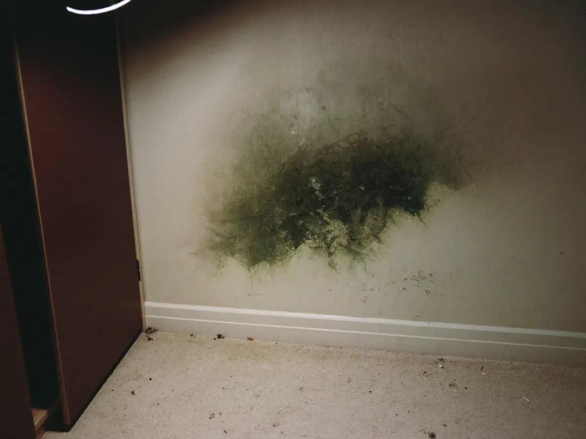 Mancha de bolor verde-escuro numa parede exterior de quarto junto a um roupeiro