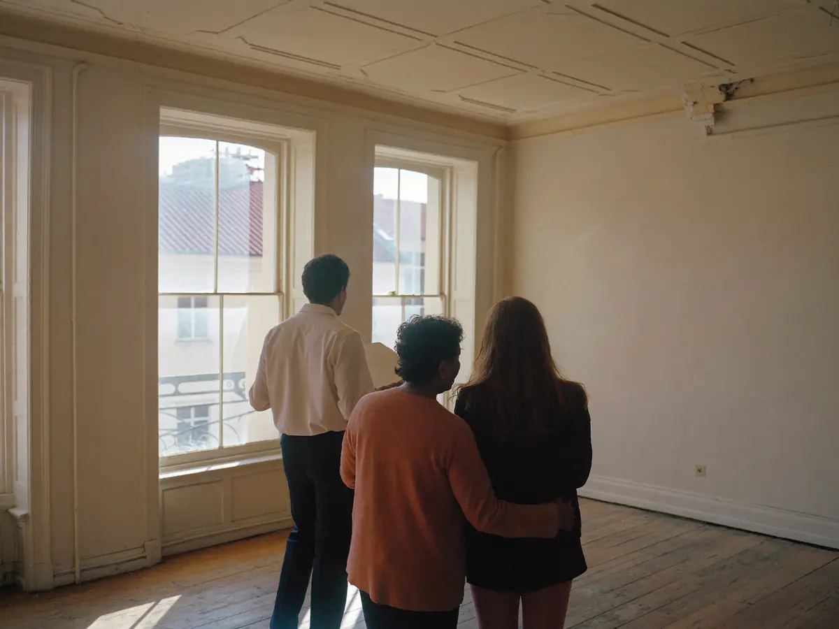 A couple and an agent viewing an empty apartment with tall windows in an old Porto building