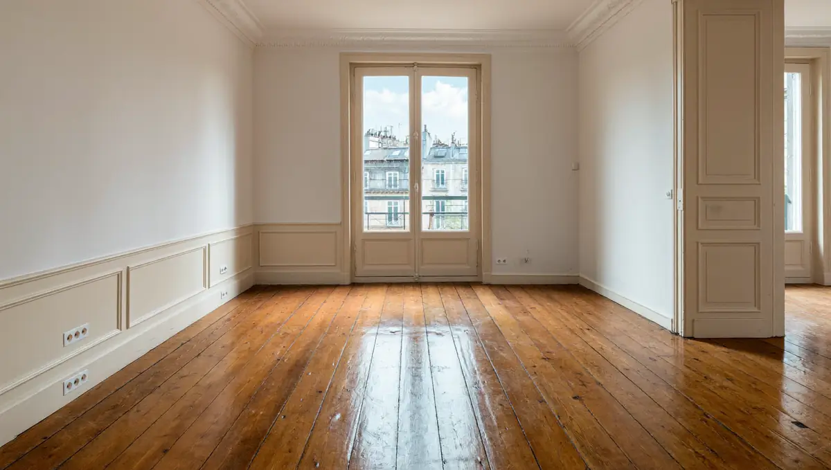 Empty rental apartment living room in Porto with tall windows