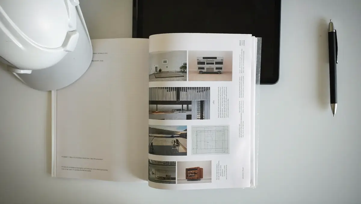 Printed inspection report with photographs, a hard hat and a tablet on a desk
