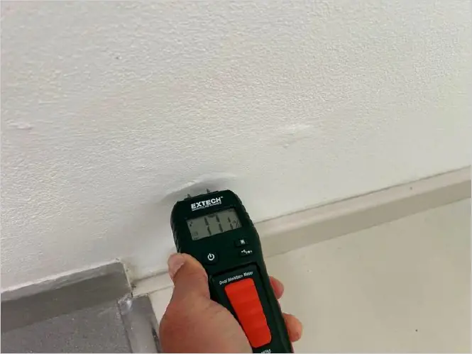 Moisture meter reading at the foot of a wall during an OHI inspection